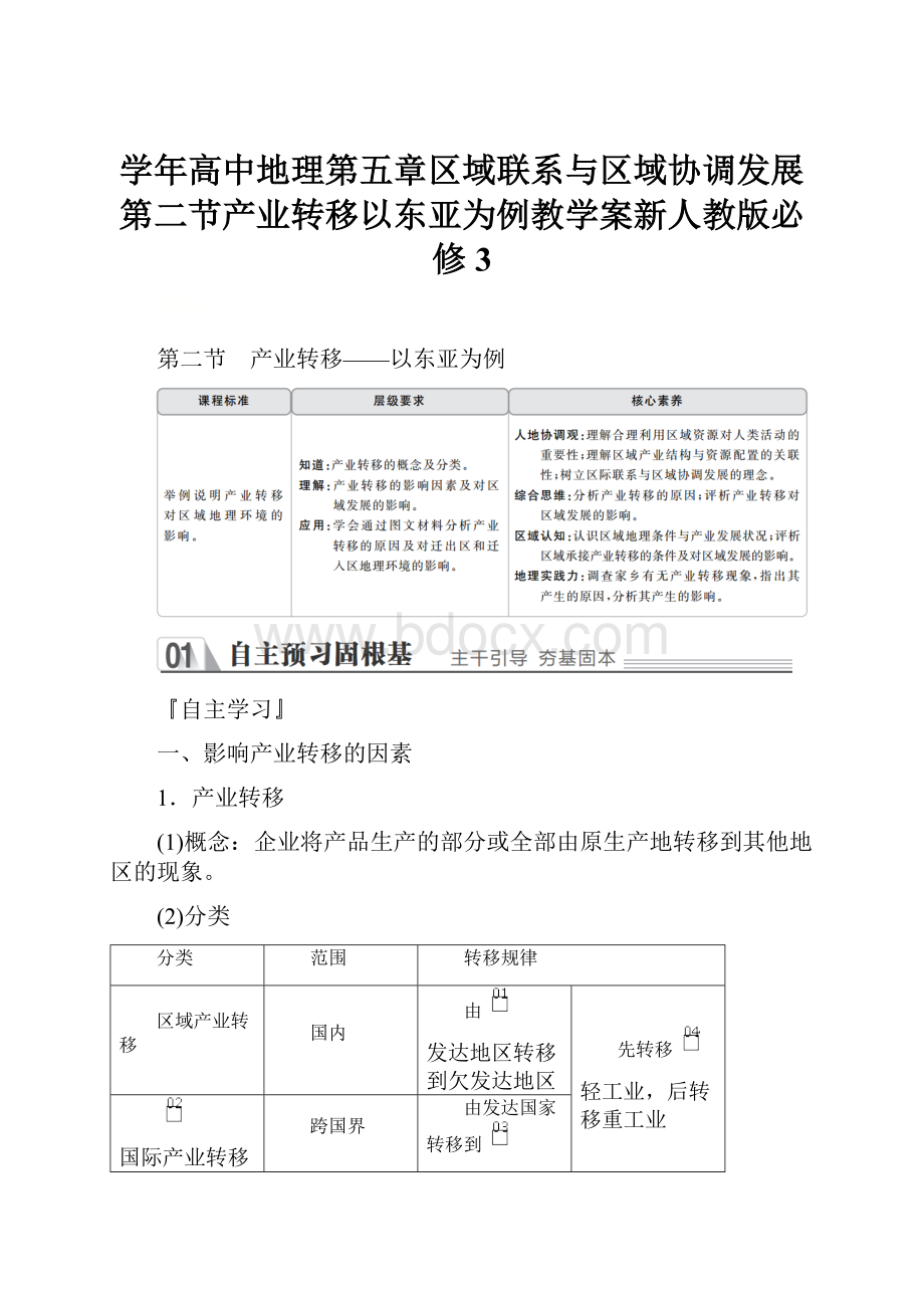 学年高中地理第五章区域联系与区域协调发展第二节产业转移以东亚为例教学案新人教版必修3.docx