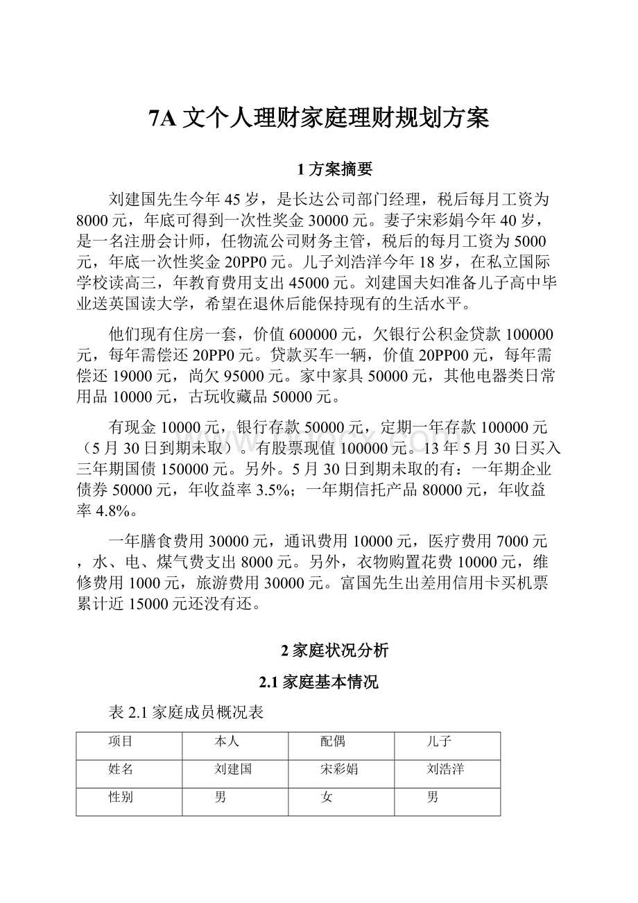 7A文个人理财家庭理财规划方案.docx_第1页