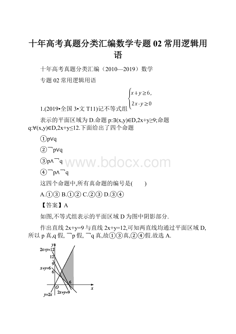 十年高考真题分类汇编数学专题02常用逻辑用语.docx_第1页