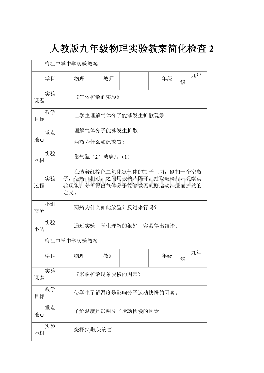 人教版九年级物理实验教案简化检查 2.docx