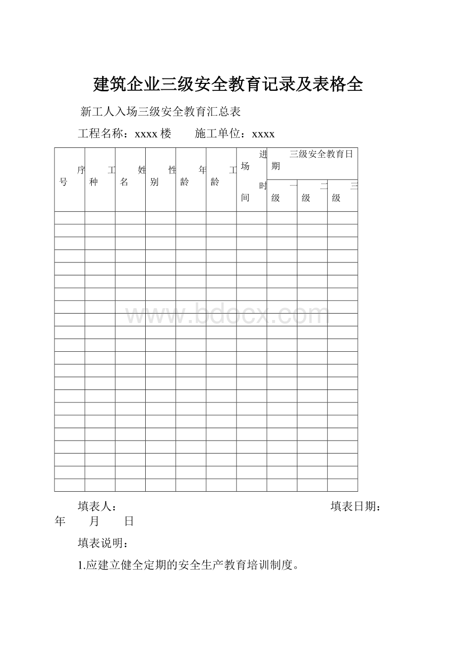 建筑企业三级安全教育记录及表格全.docx