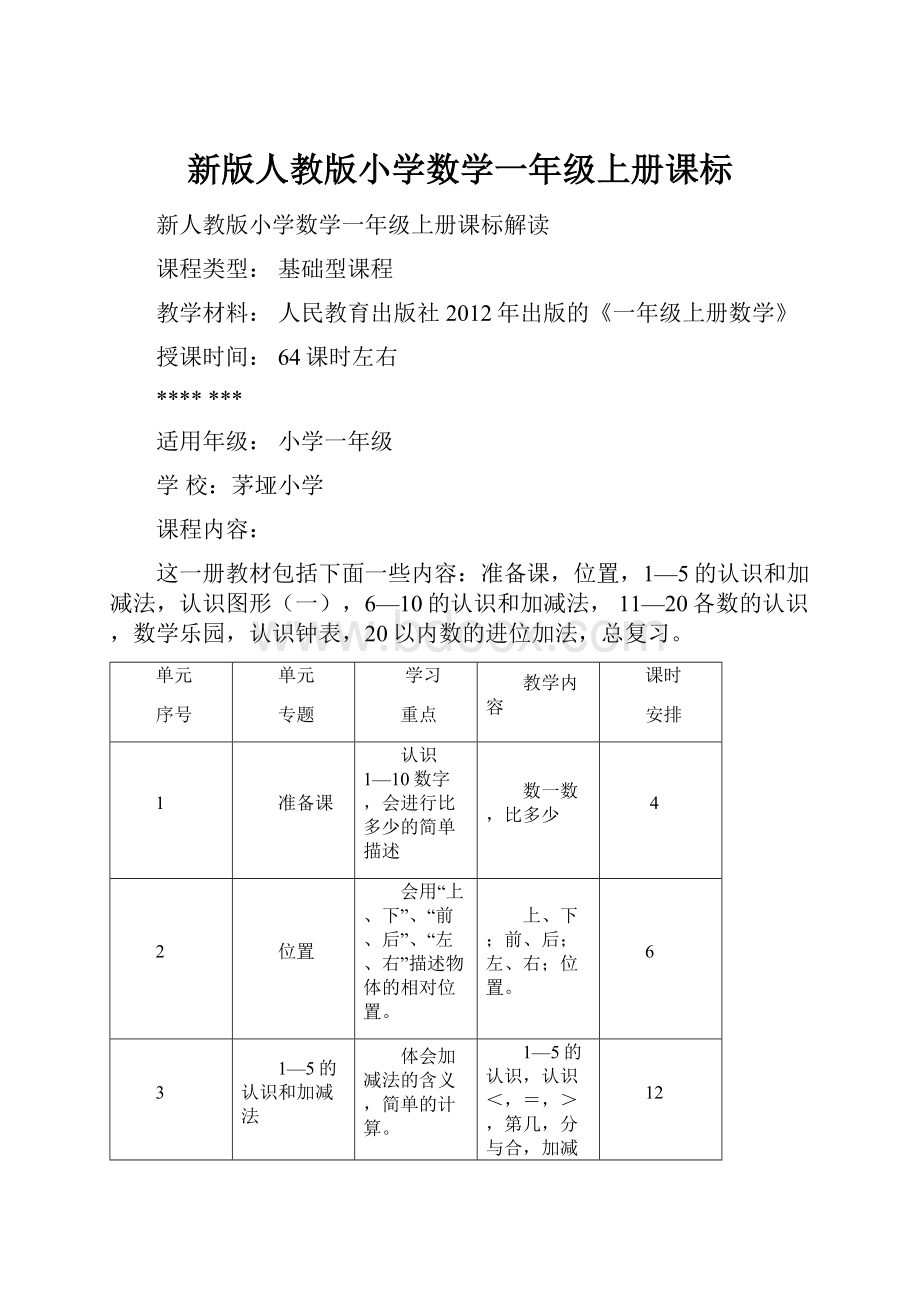 新版人教版小学数学一年级上册课标.docx