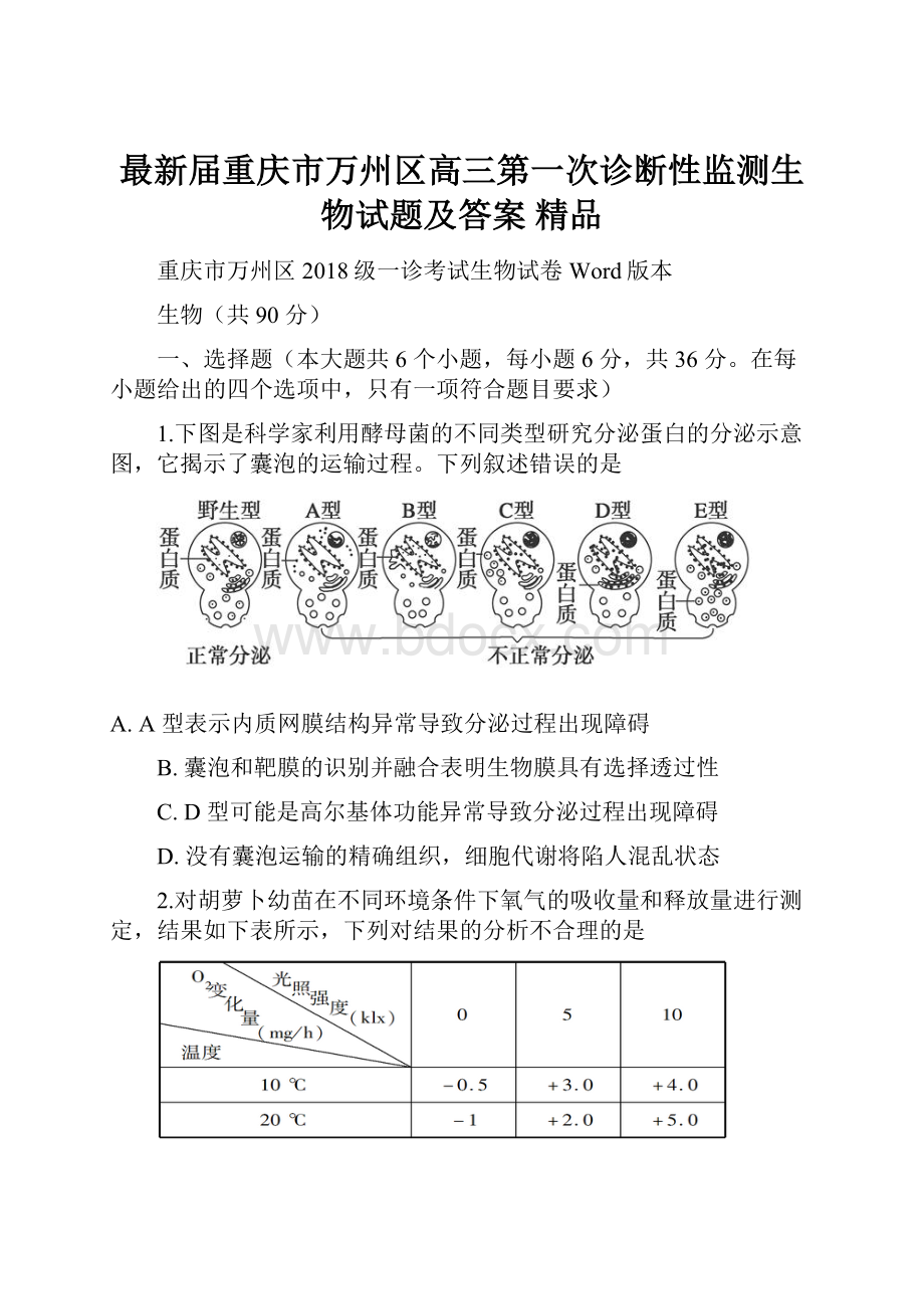 最新届重庆市万州区高三第一次诊断性监测生物试题及答案 精品.docx