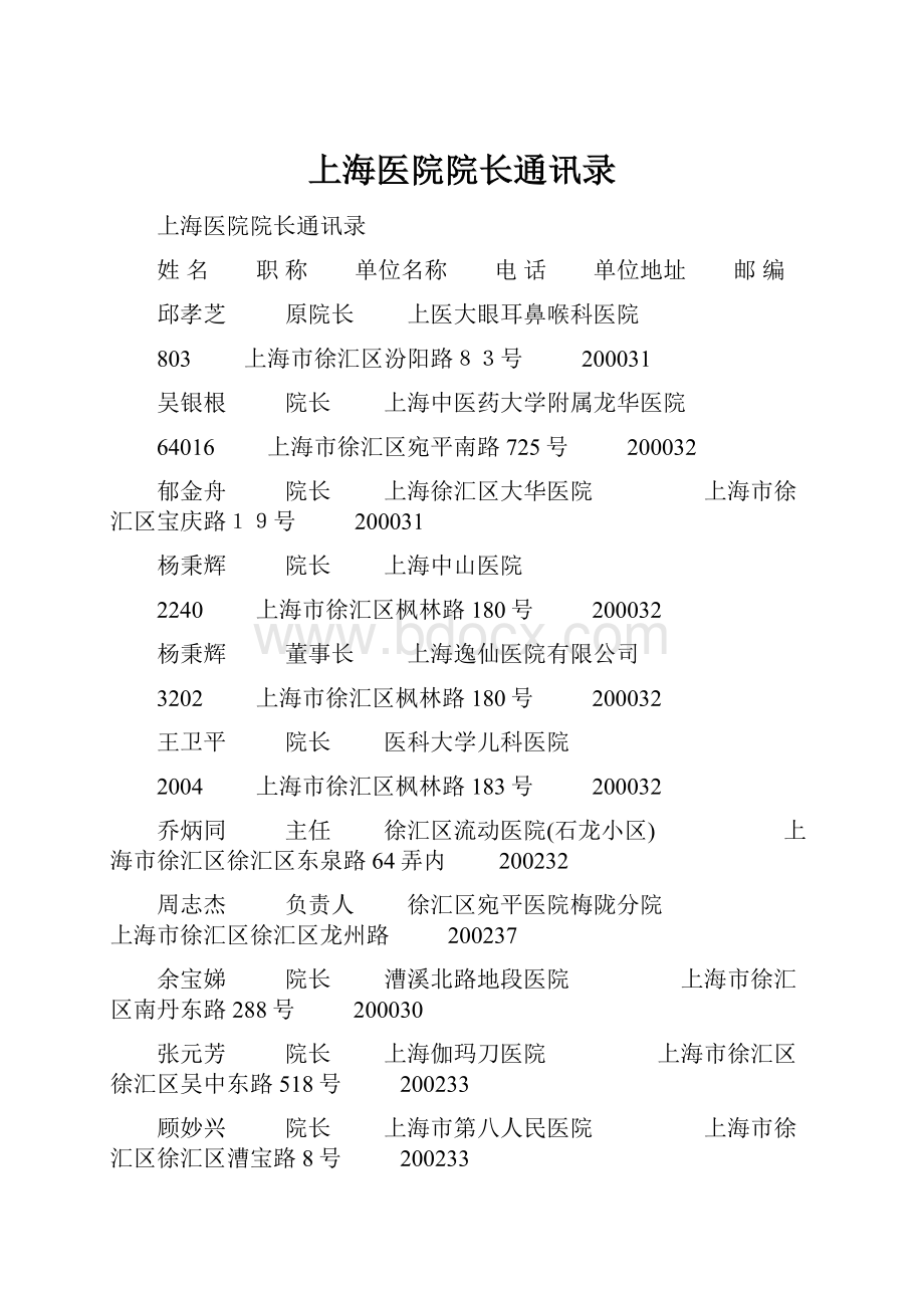 上海医院院长通讯录.docx