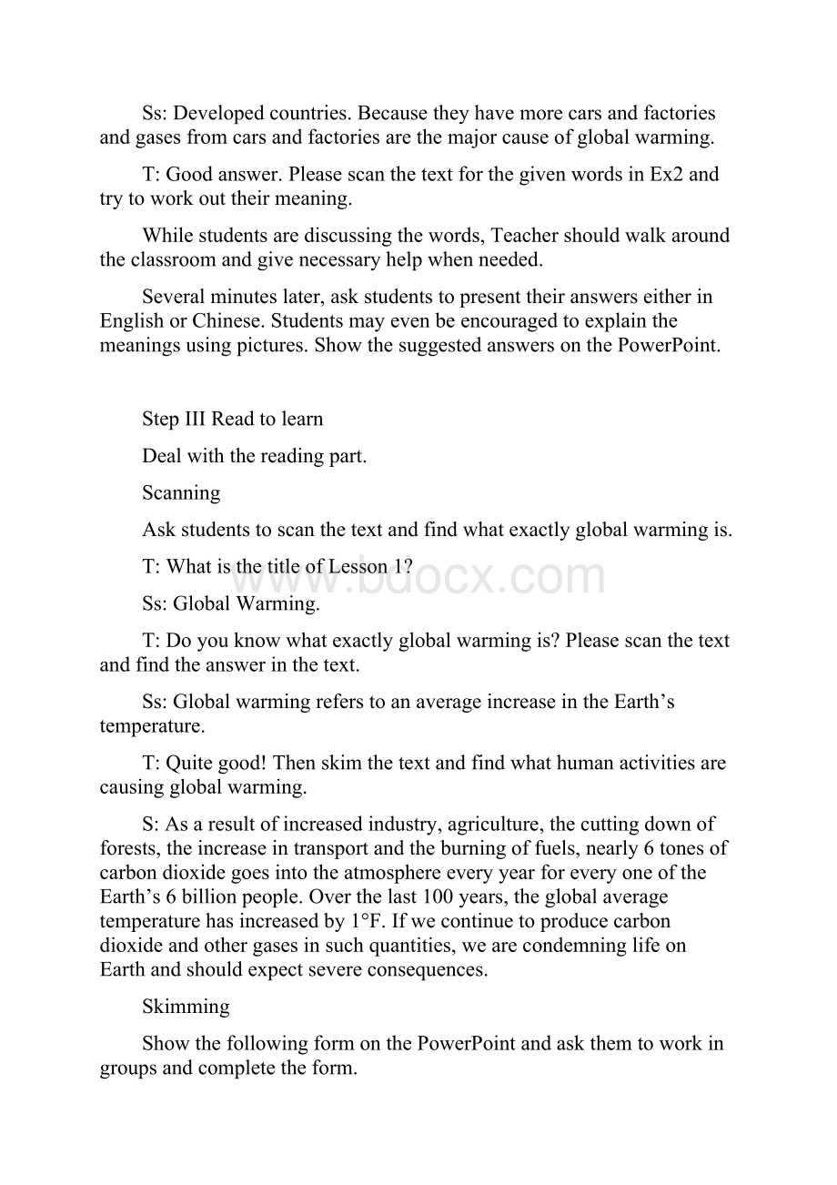 高中英语 Unit22 Environmental Protection The Second Period Lesson 1 Global Warming教案 北师大版选修8.docx_第3页