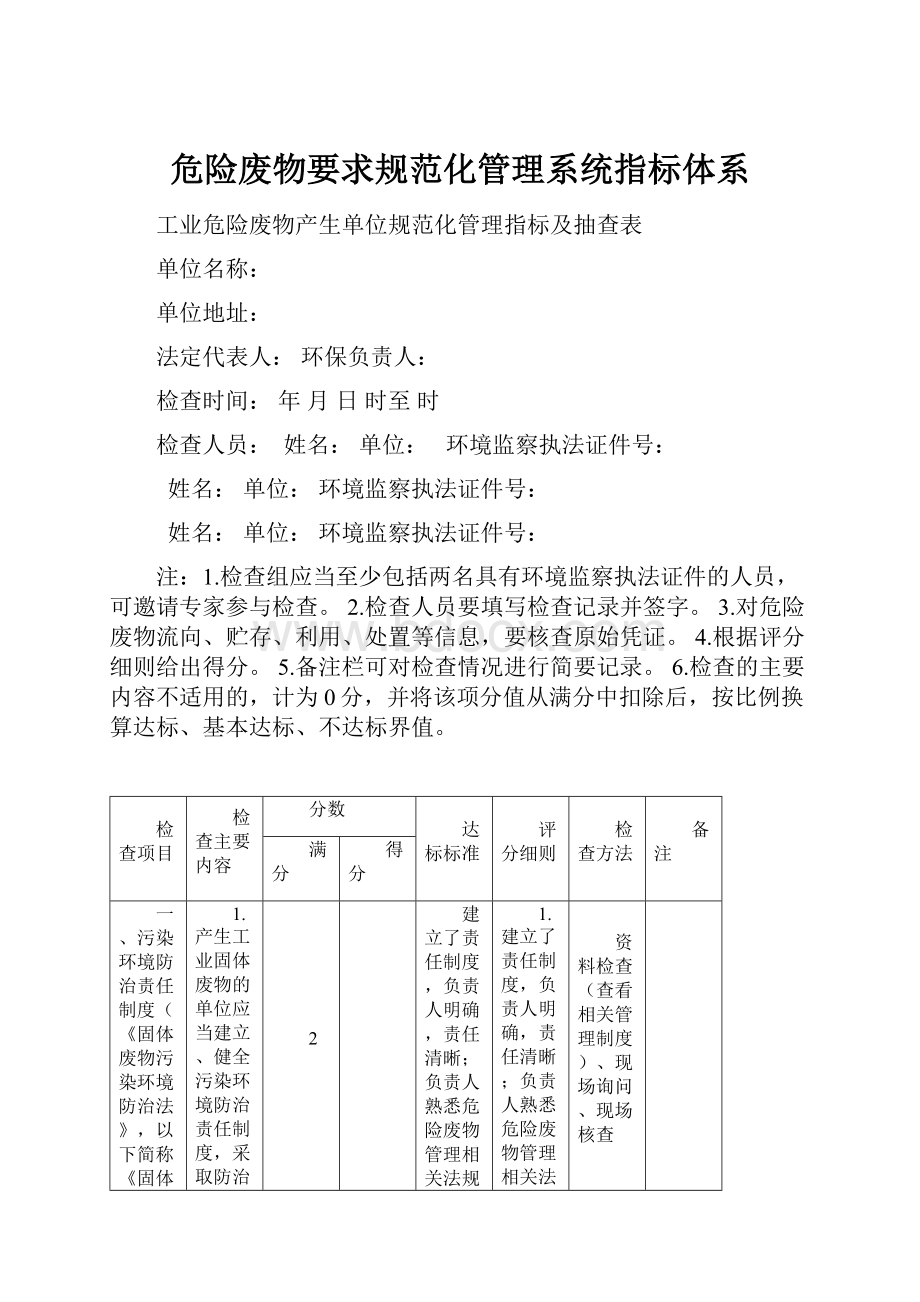 危险废物要求规范化管理系统指标体系.docx