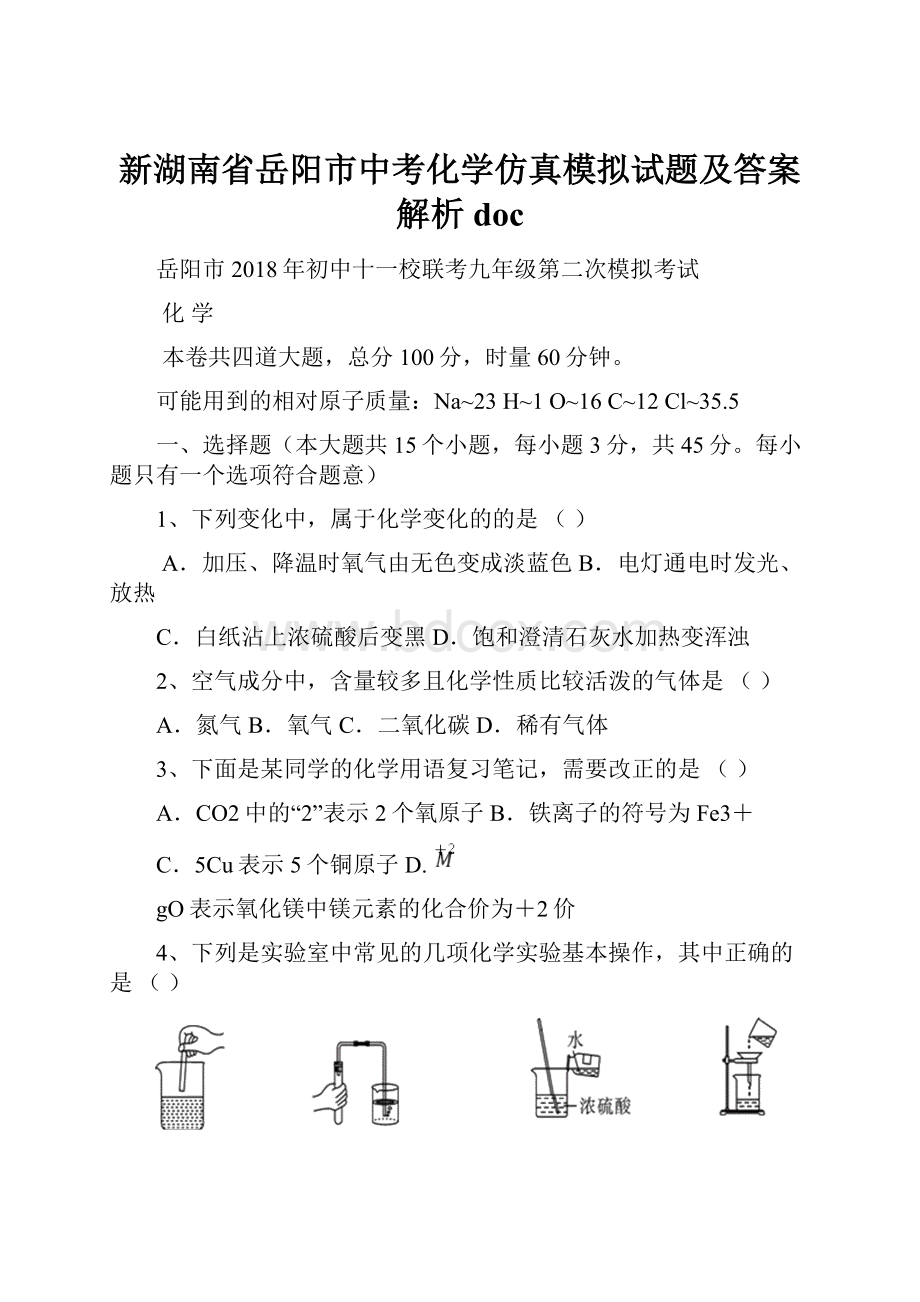 新湖南省岳阳市中考化学仿真模拟试题及答案解析doc.docx_第1页