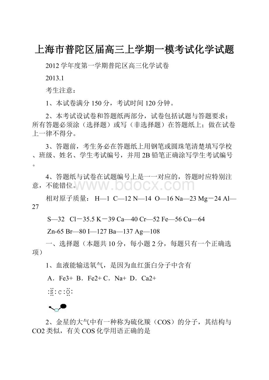 上海市普陀区届高三上学期一模考试化学试题.docx