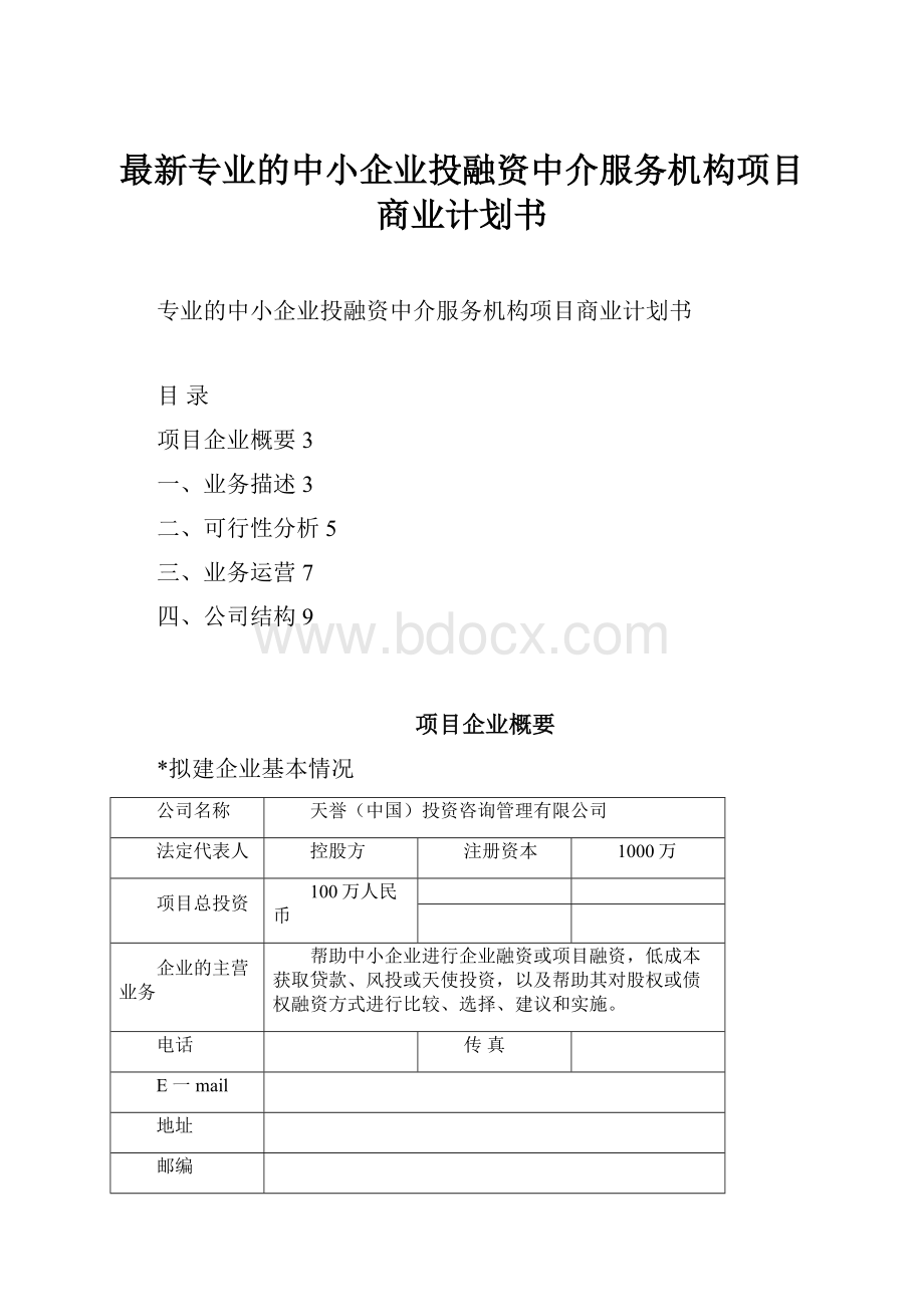 最新专业的中小企业投融资中介服务机构项目商业计划书.docx