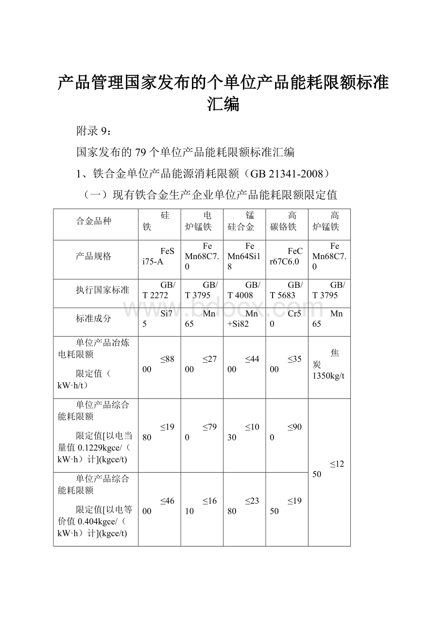 产品管理国家发布的个单位产品能耗限额标准汇编.docx