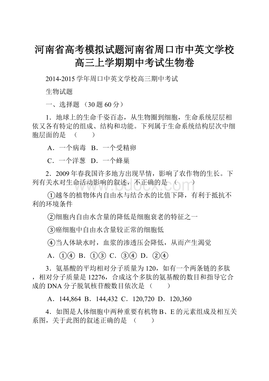 河南省高考模拟试题河南省周口市中英文学校高三上学期期中考试生物卷.docx