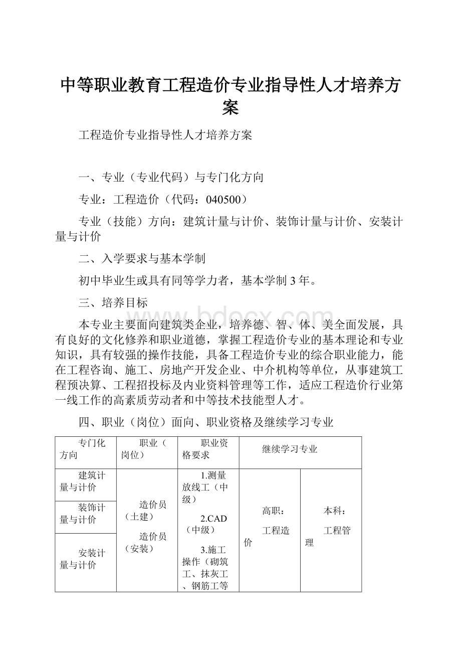 中等职业教育工程造价专业指导性人才培养方案.docx