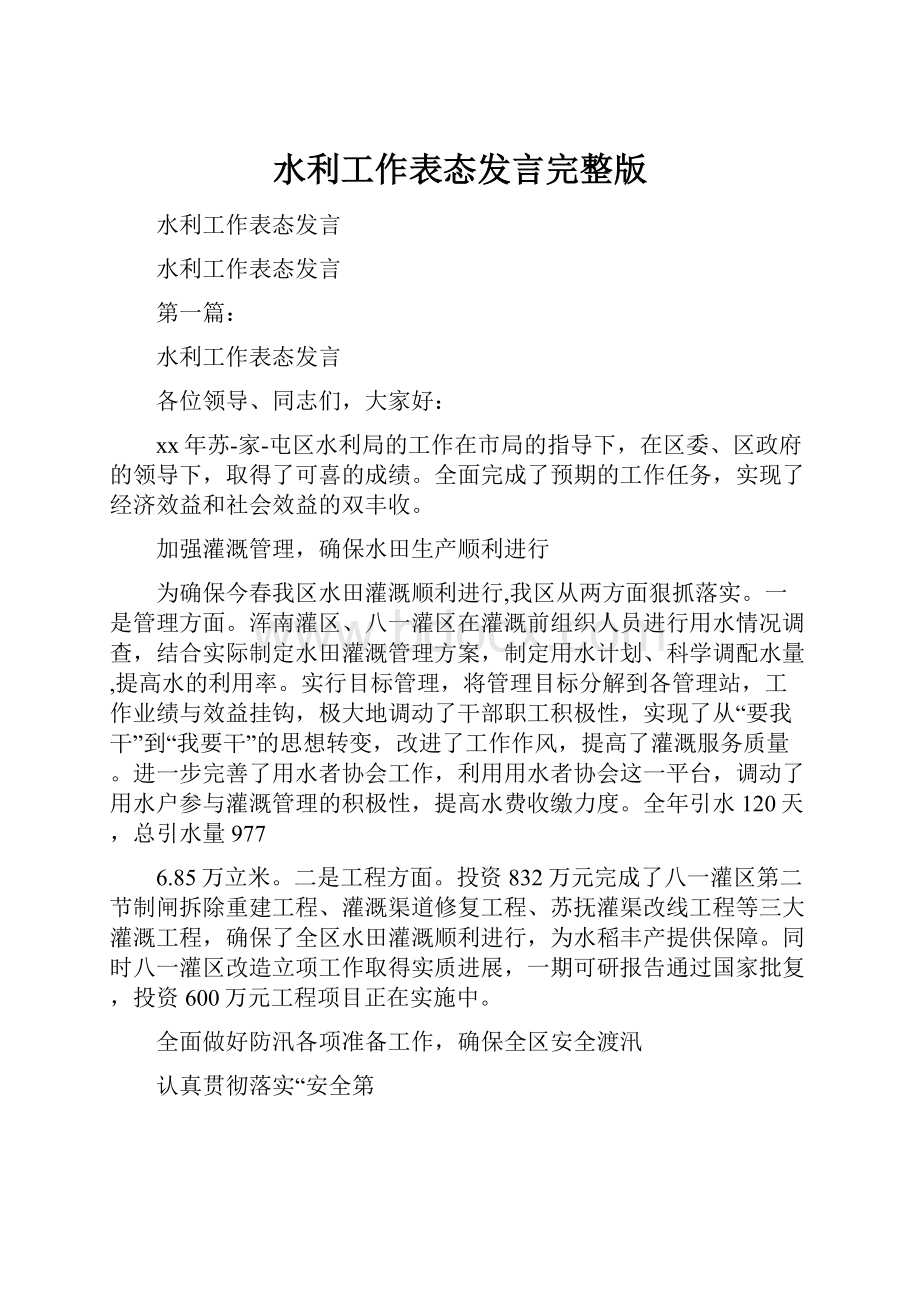 水利工作表态发言完整版.docx