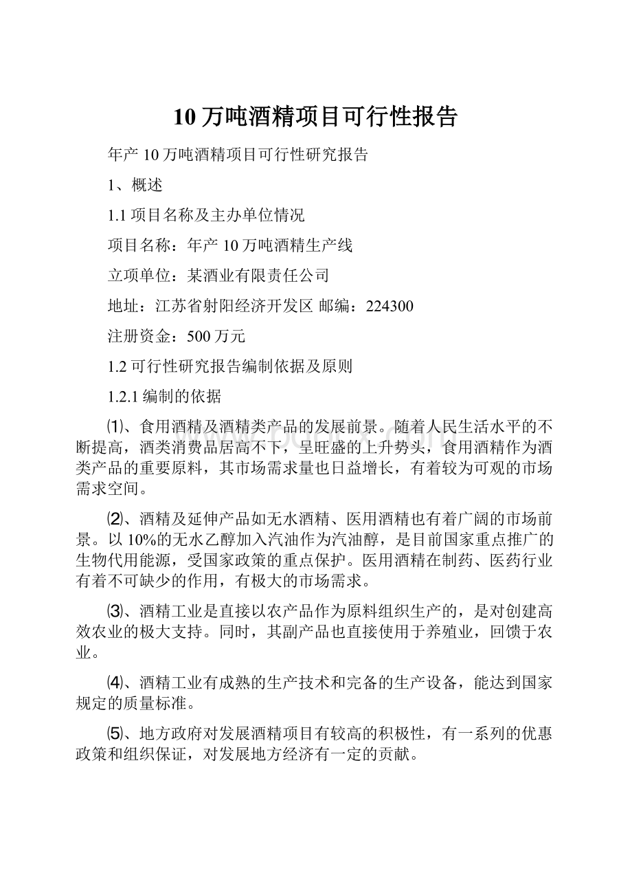 10万吨酒精项目可行性报告.docx_第1页