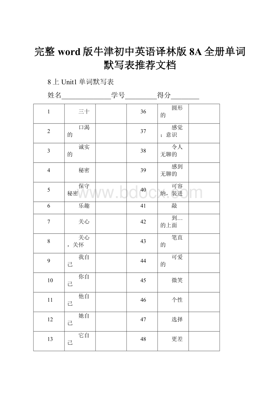 完整word版牛津初中英语译林版8A全册单词默写表推荐文档.docx