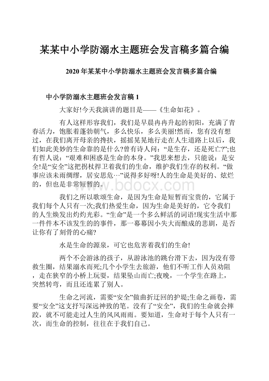 某某中小学防溺水主题班会发言稿多篇合编.docx