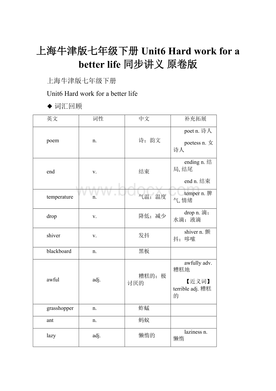 上海牛津版七年级下册Unit6 Hard work for a better life 同步讲义 原卷版.docx