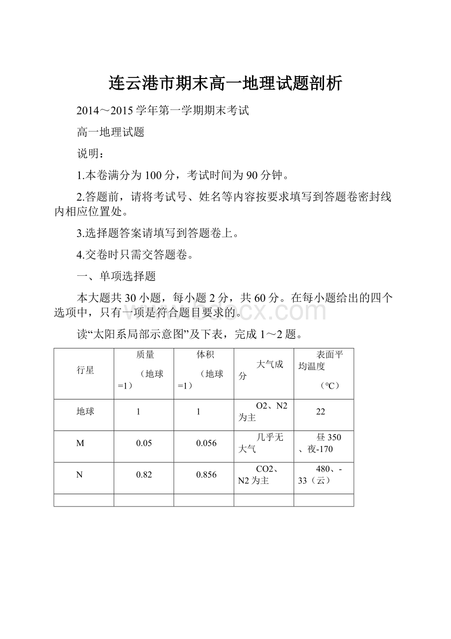 连云港市期末高一地理试题剖析.docx_第1页