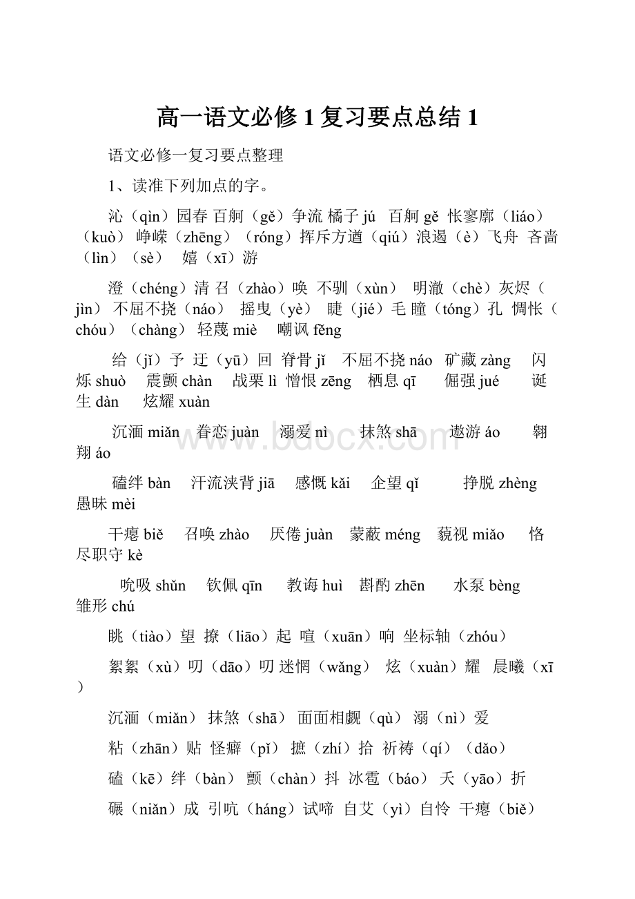 高一语文必修1复习要点总结 1.docx