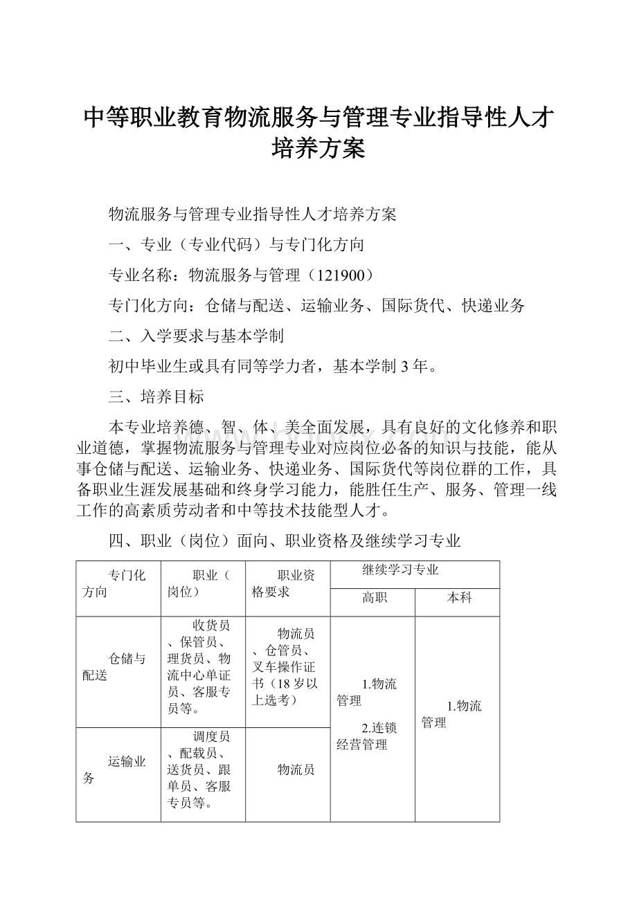 中等职业教育物流服务与管理专业指导性人才培养方案.docx