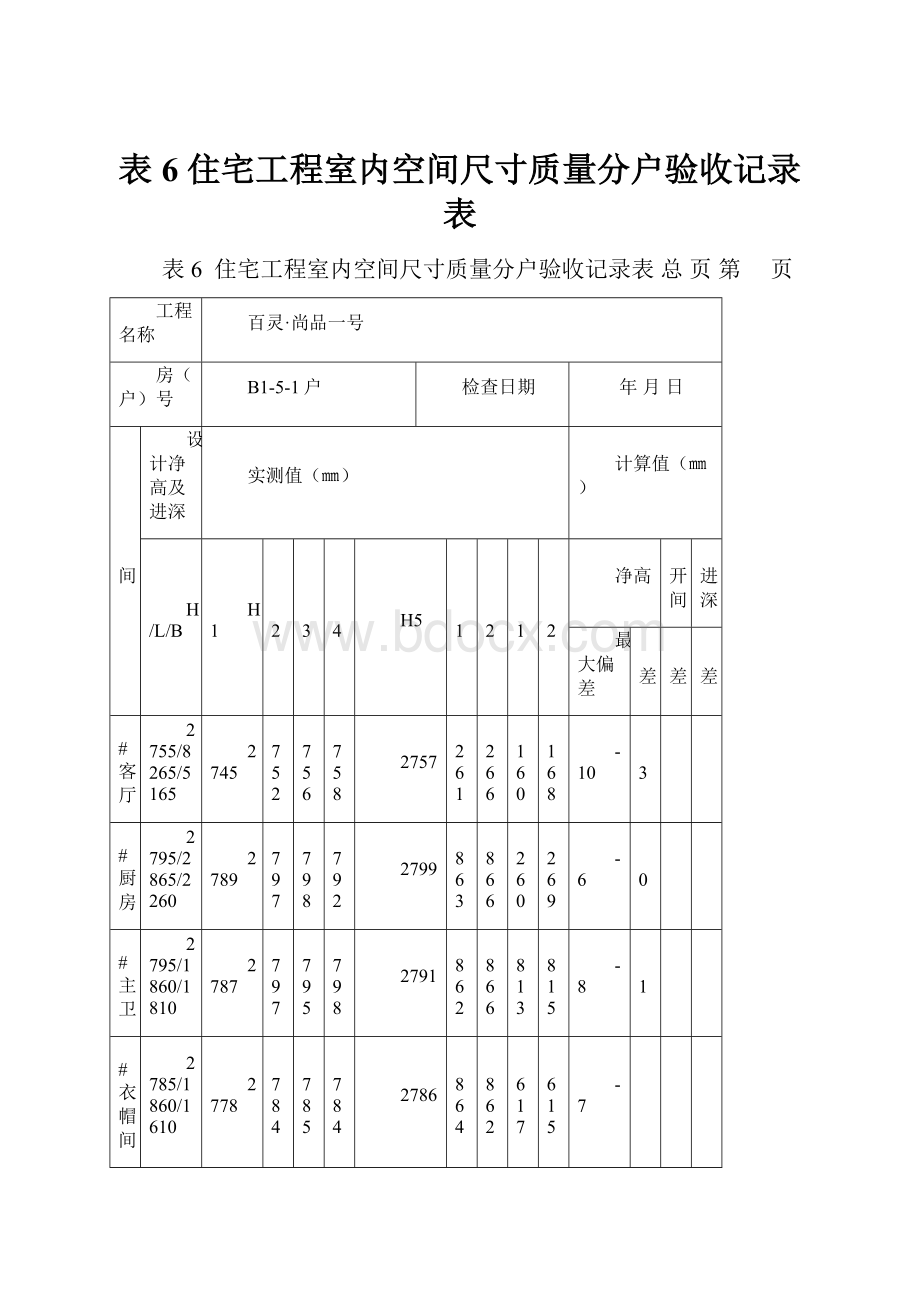 表6住宅工程室内空间尺寸质量分户验收记录表.docx