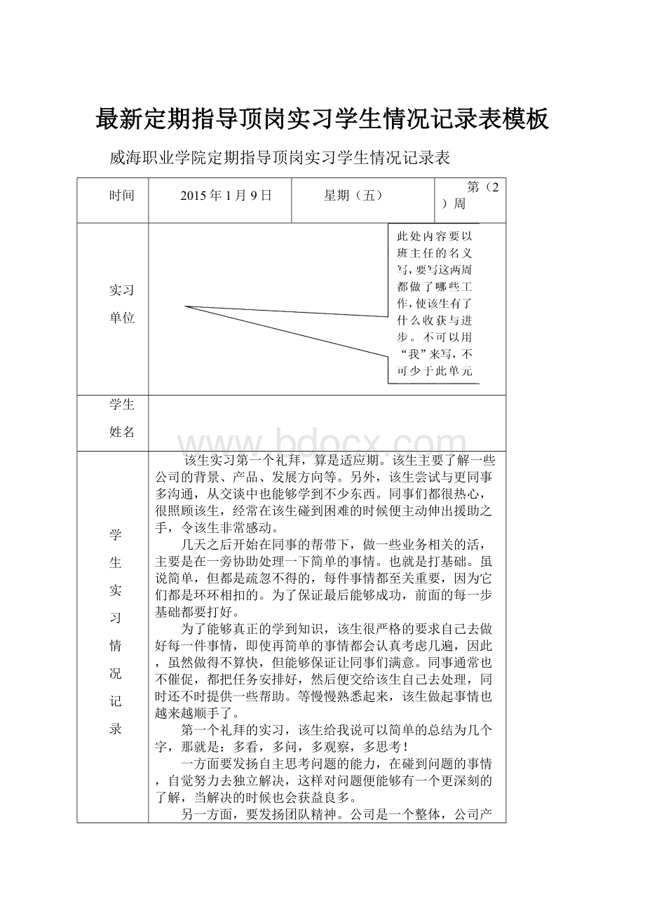 最新定期指导顶岗实习学生情况记录表模板.docx_第1页