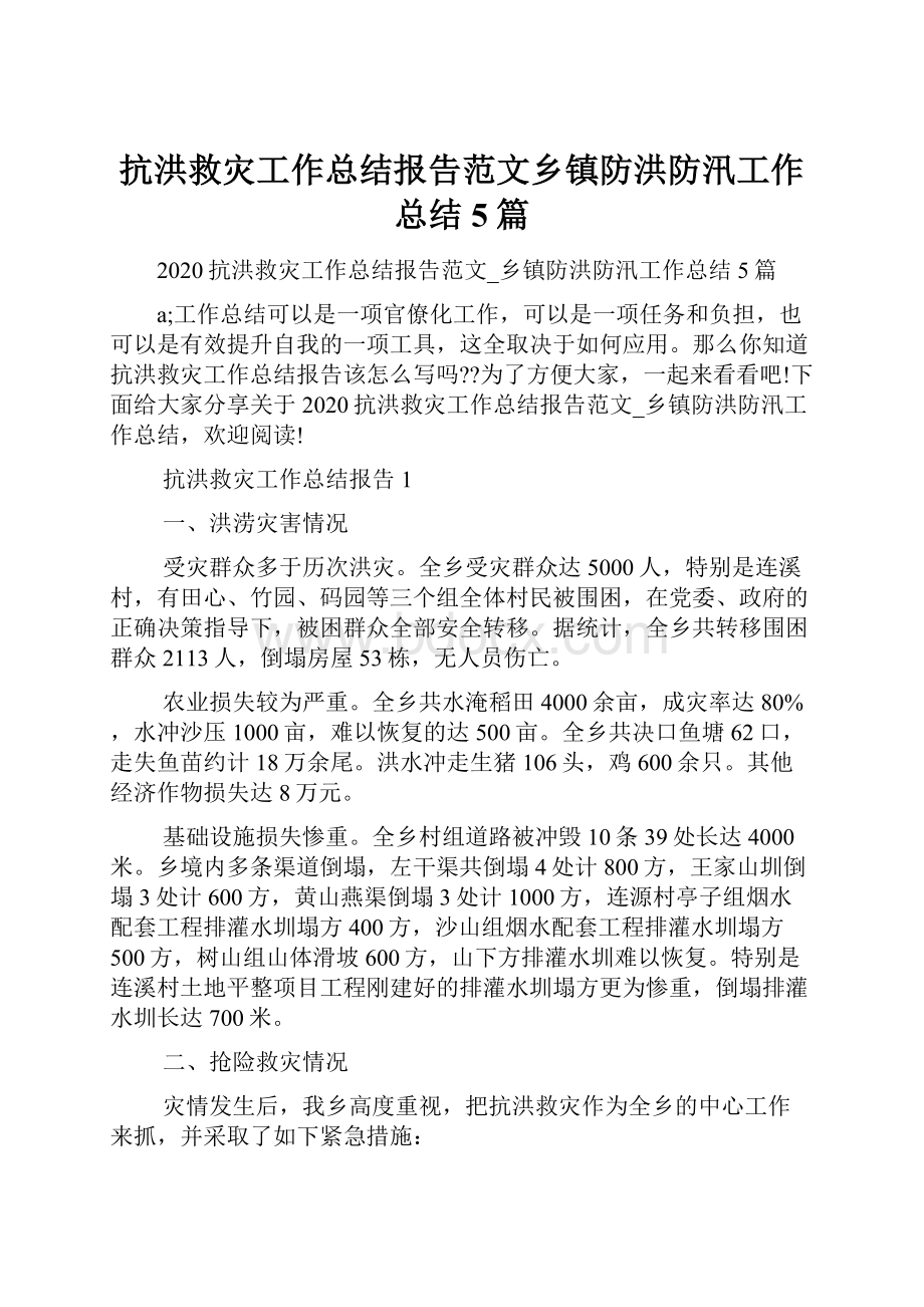 抗洪救灾工作总结报告范文乡镇防洪防汛工作总结5篇.docx_第1页