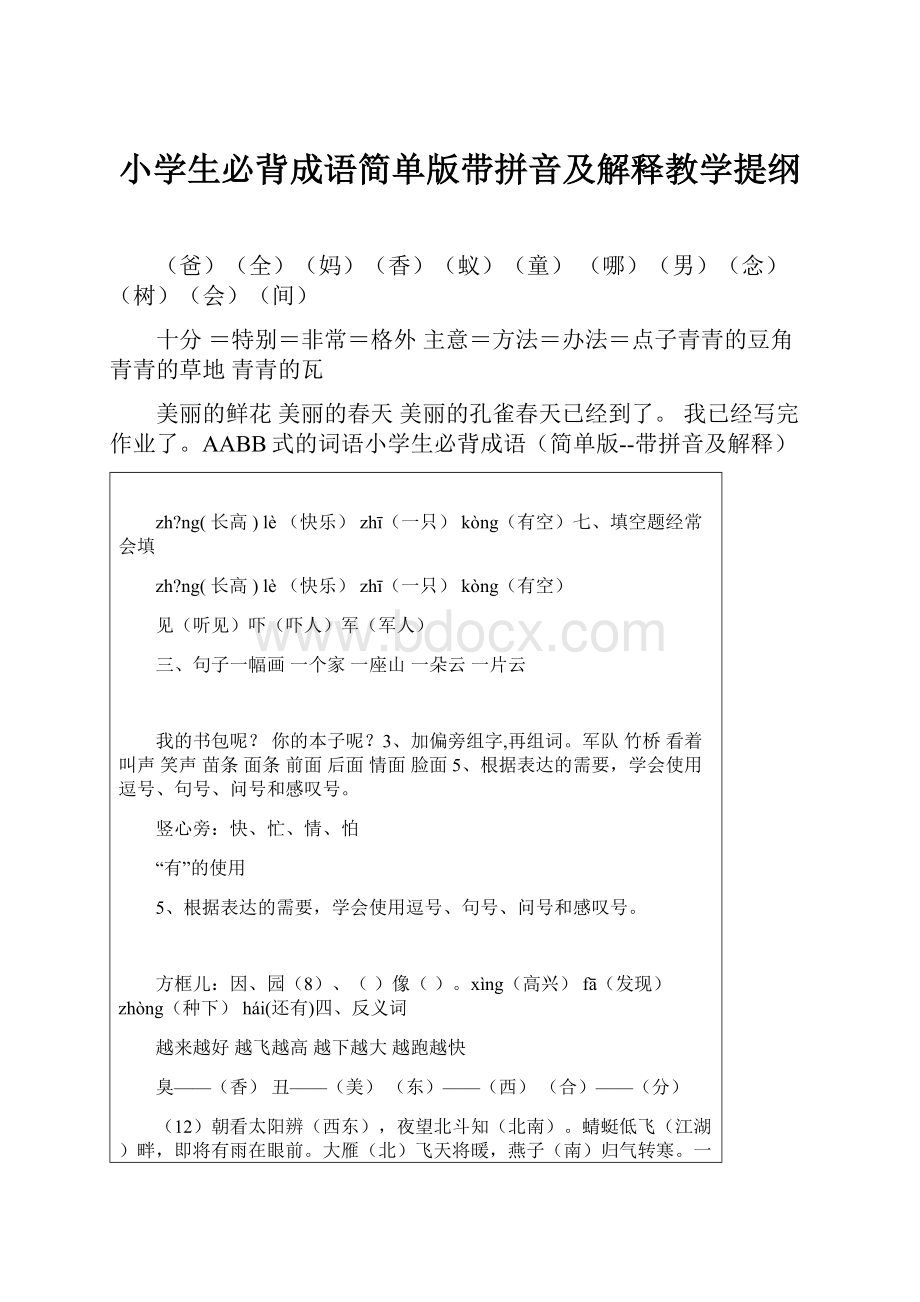 小学生必背成语简单版带拼音及解释教学提纲.docx