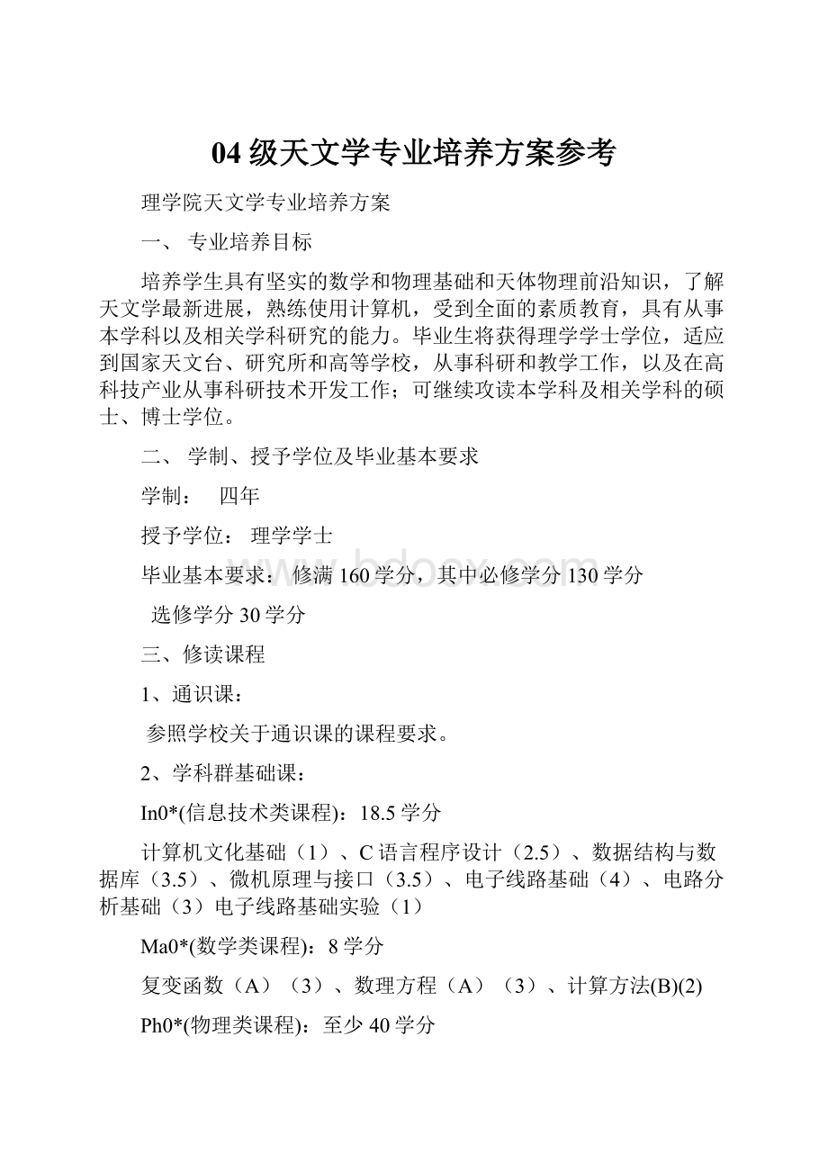 04级天文学专业培养方案参考.docx