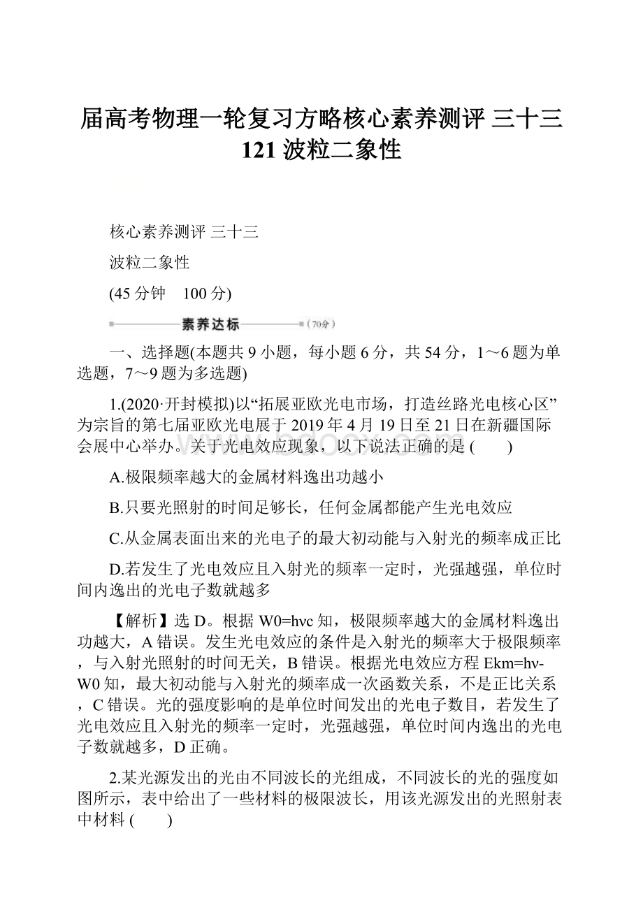 届高考物理一轮复习方略核心素养测评 三十三 121 波粒二象性.docx_第1页