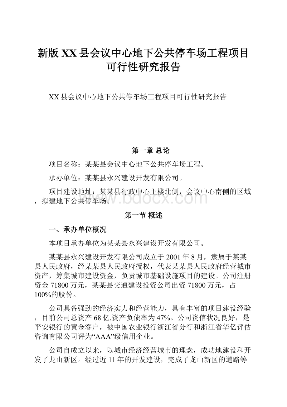 新版XX县会议中心地下公共停车场工程项目可行性研究报告.docx_第1页