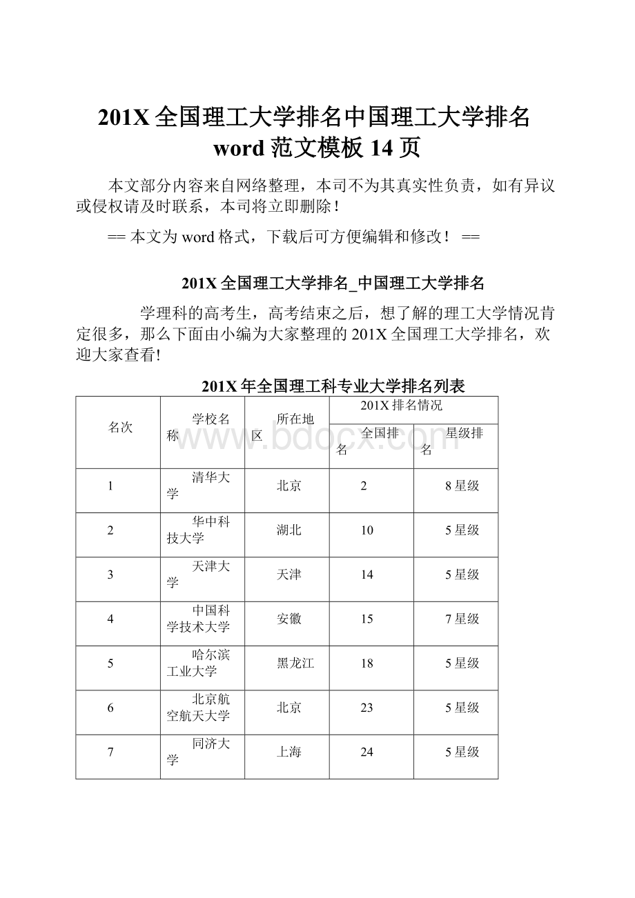 201X全国理工大学排名中国理工大学排名word范文模板 14页.docx