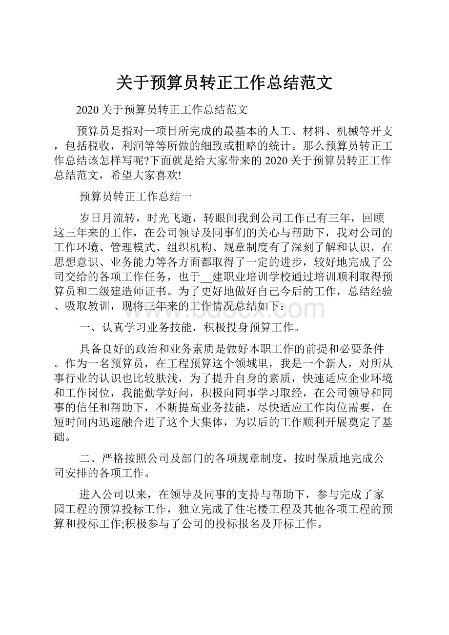 关于预算员转正工作总结范文.docx