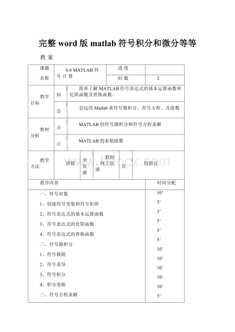 完整word版matlab符号积分和微分等等.docx