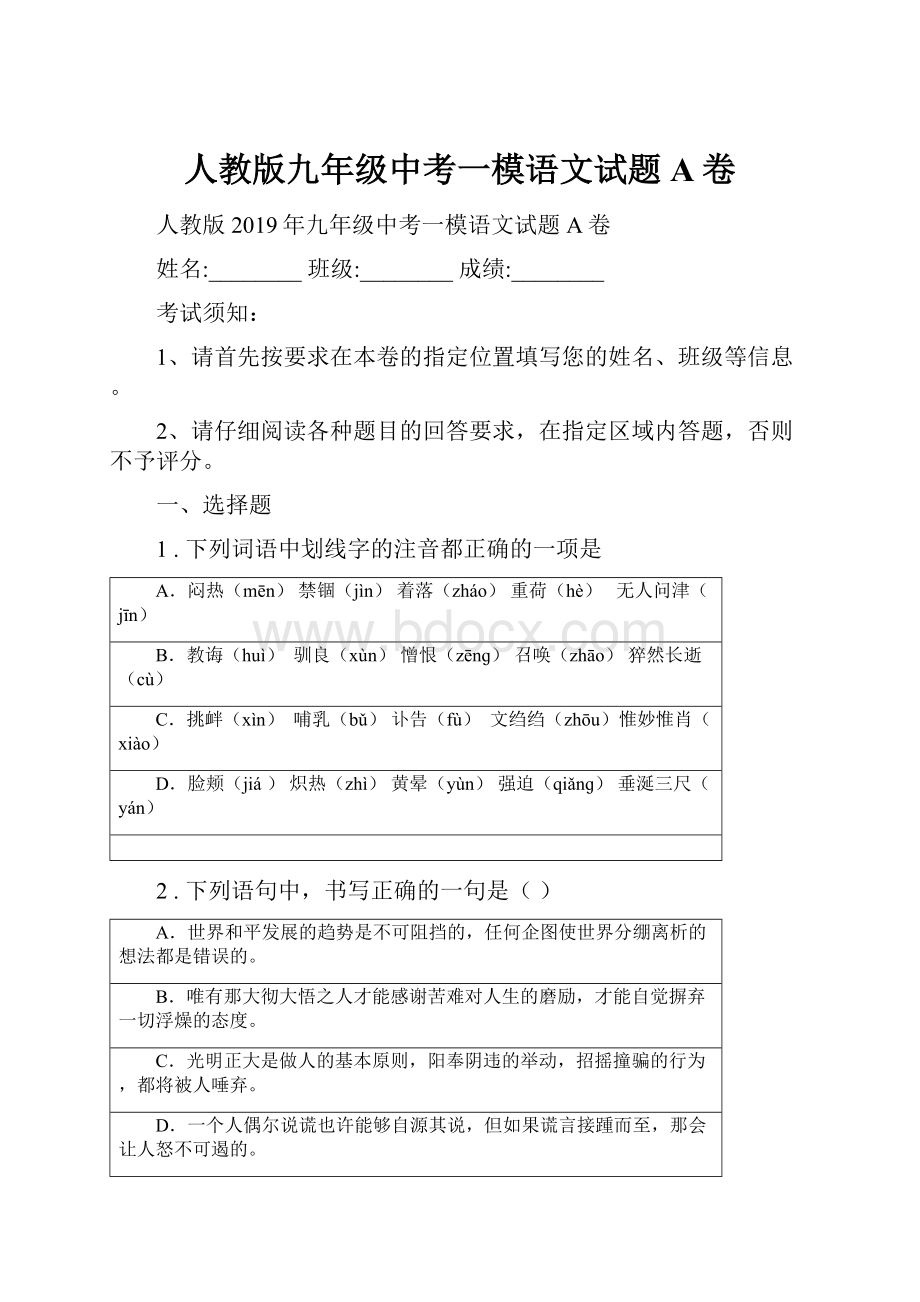 人教版九年级中考一模语文试题A卷.docx