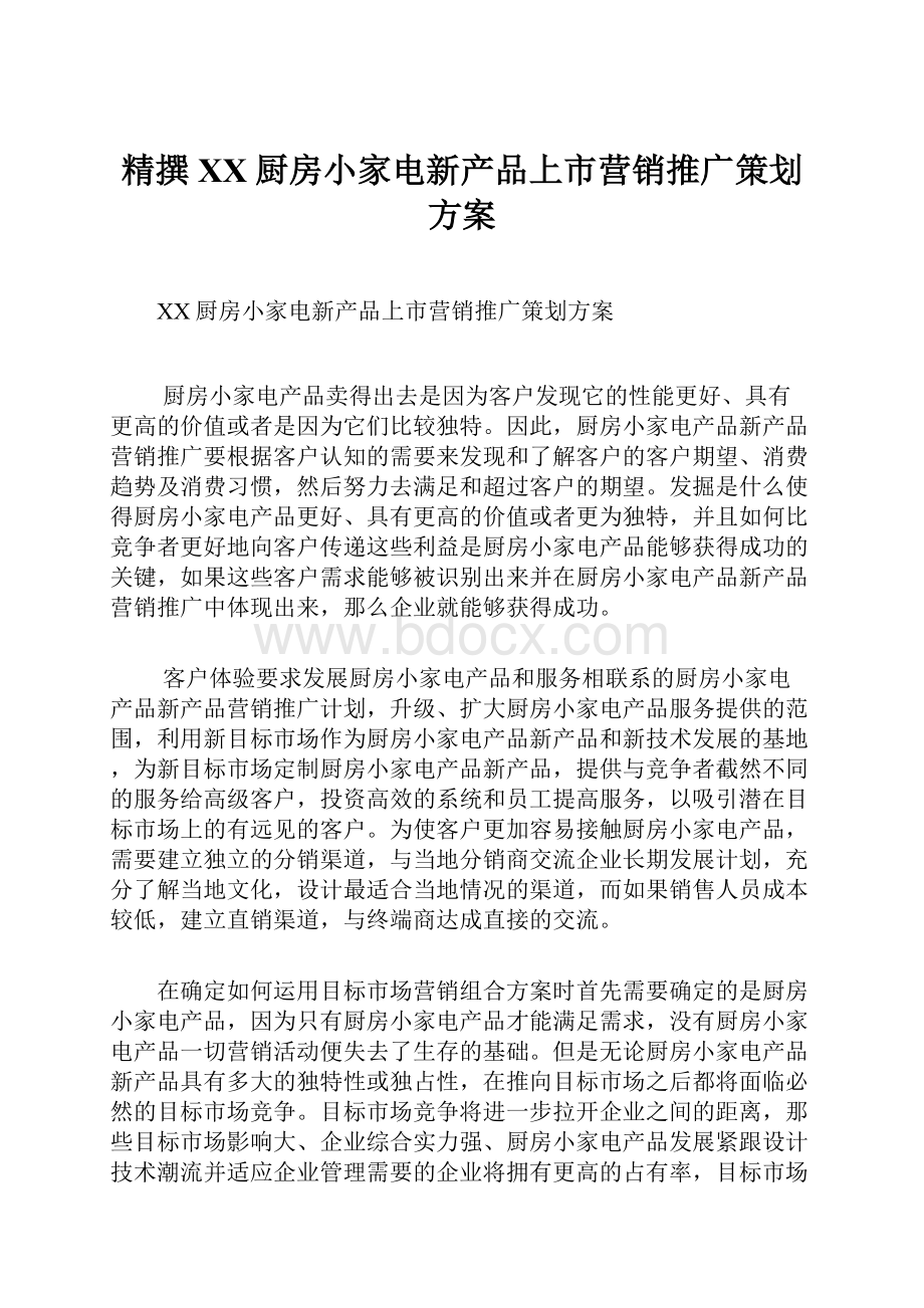 精撰XX厨房小家电新产品上市营销推广策划方案.docx_第1页