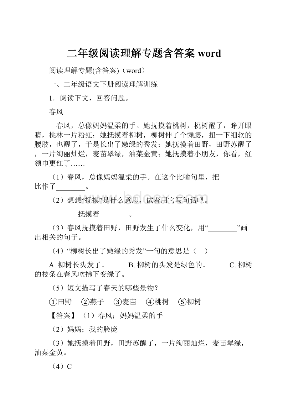 二年级阅读理解专题含答案word.docx_第1页