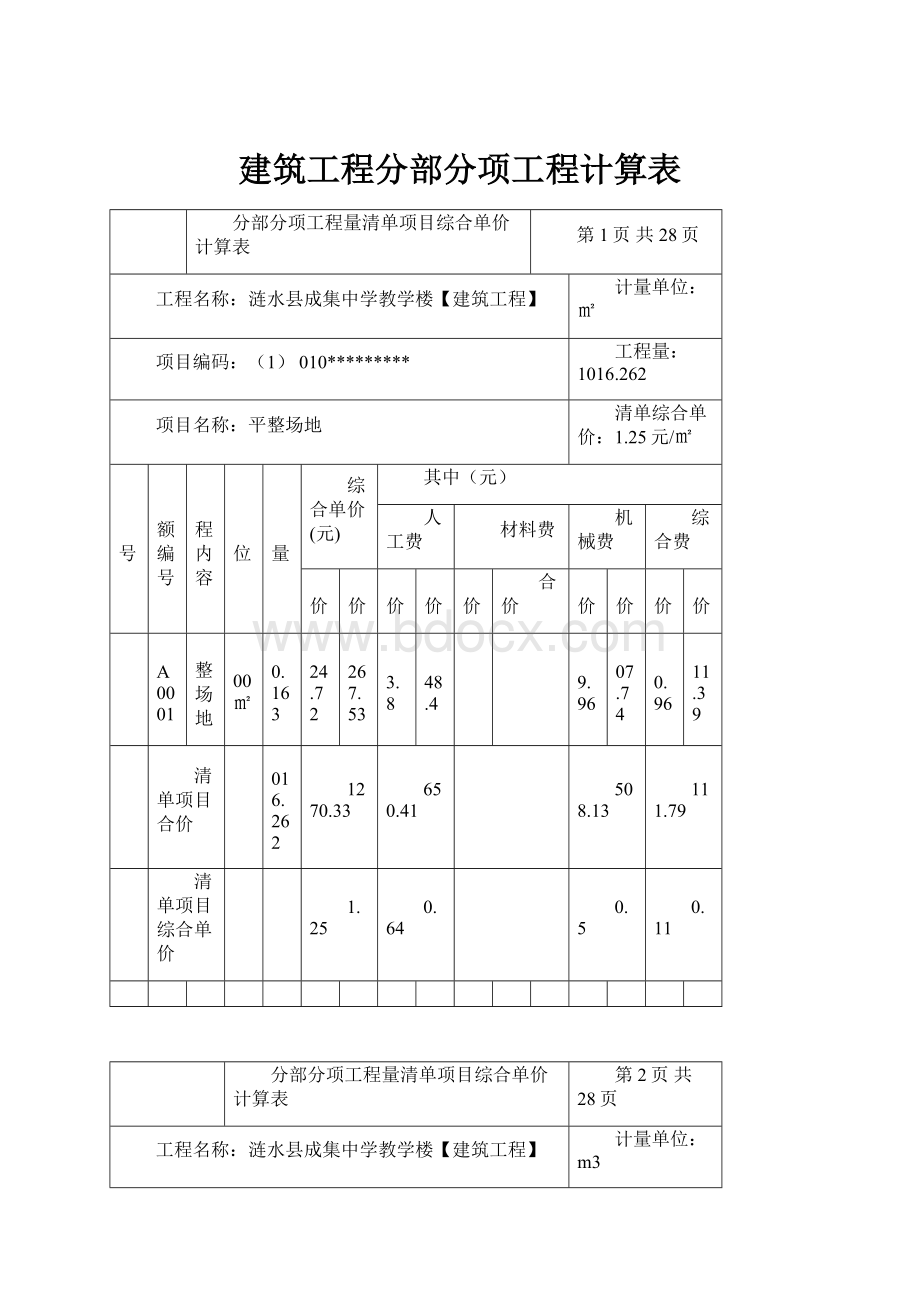 建筑工程分部分项工程计算表.docx