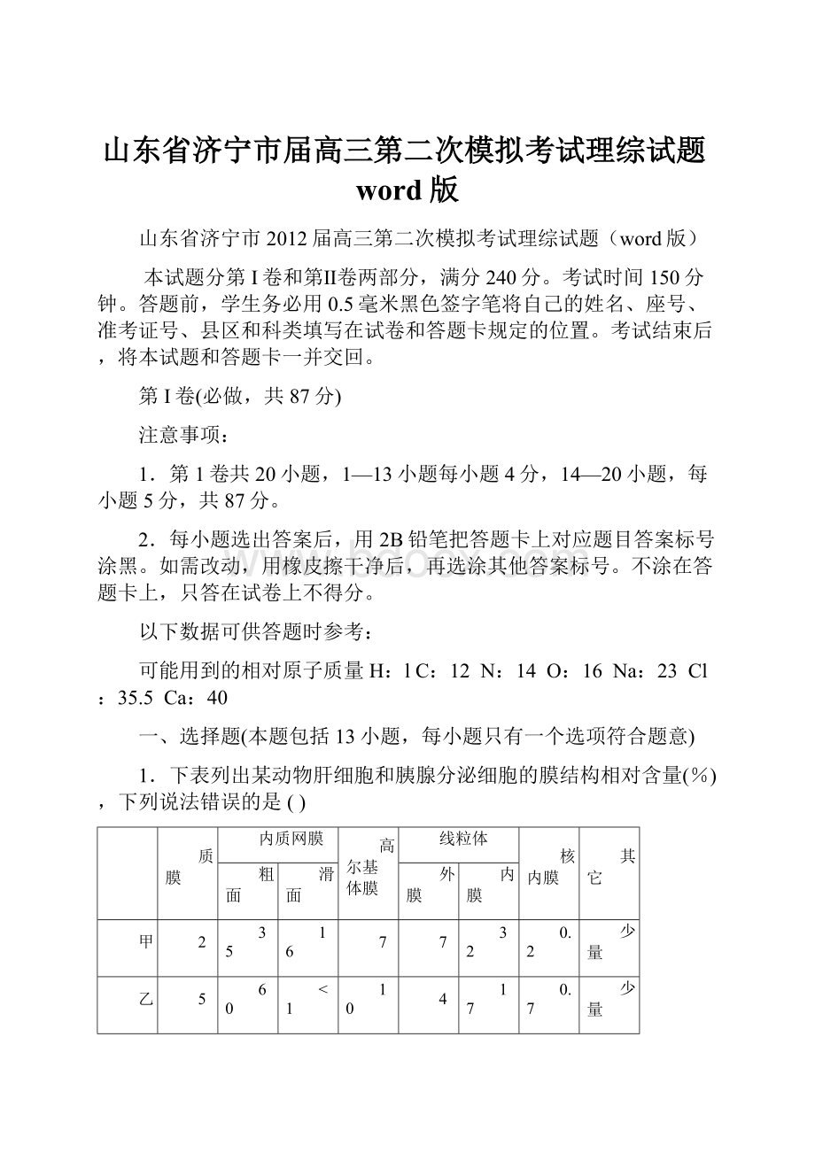 山东省济宁市届高三第二次模拟考试理综试题word版.docx_第1页