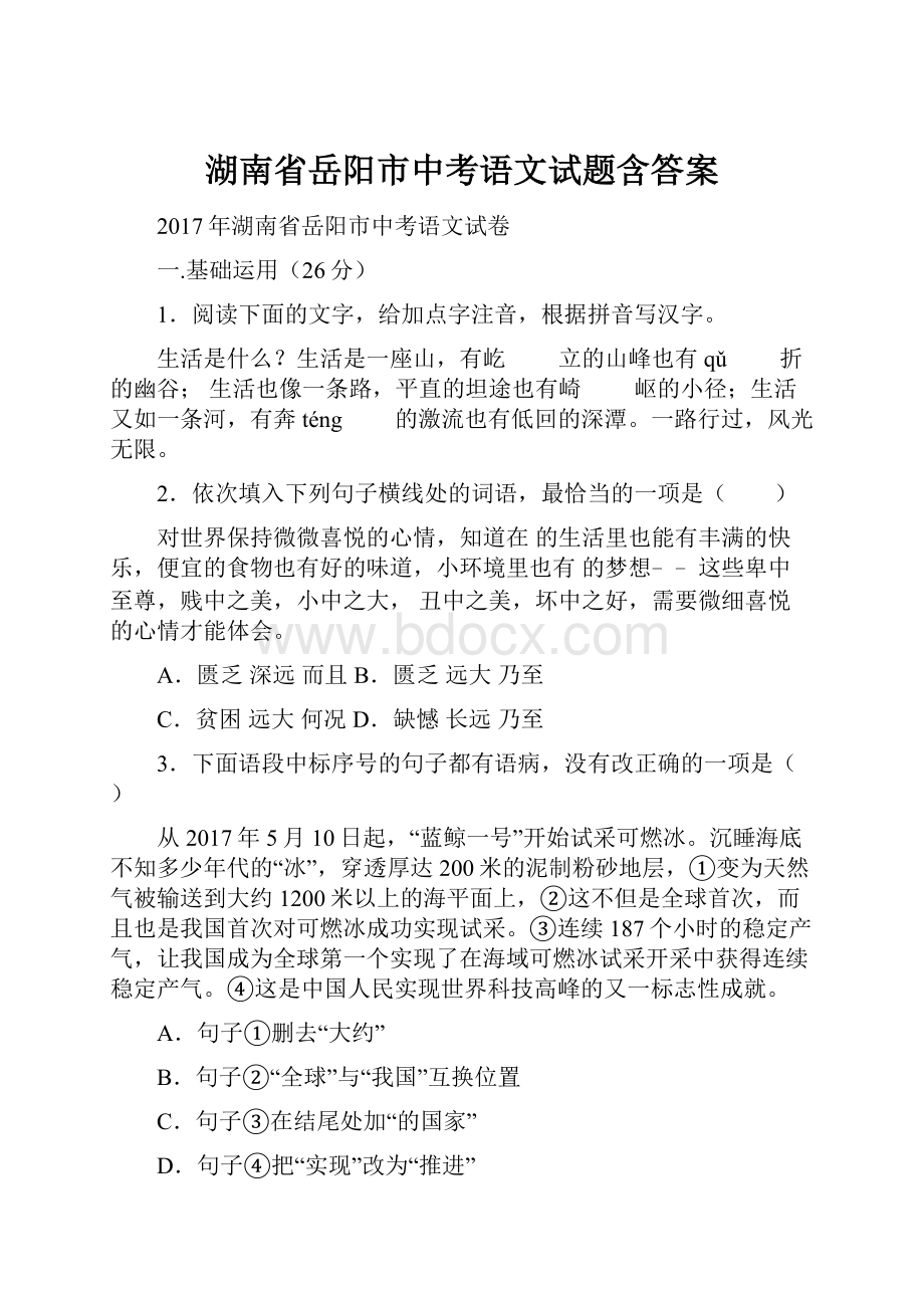 湖南省岳阳市中考语文试题含答案.docx