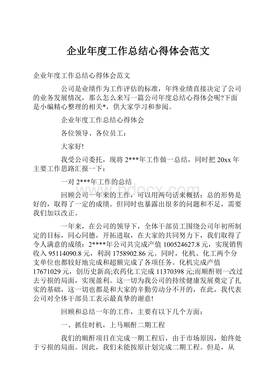 企业年度工作总结心得体会范文.docx_第1页