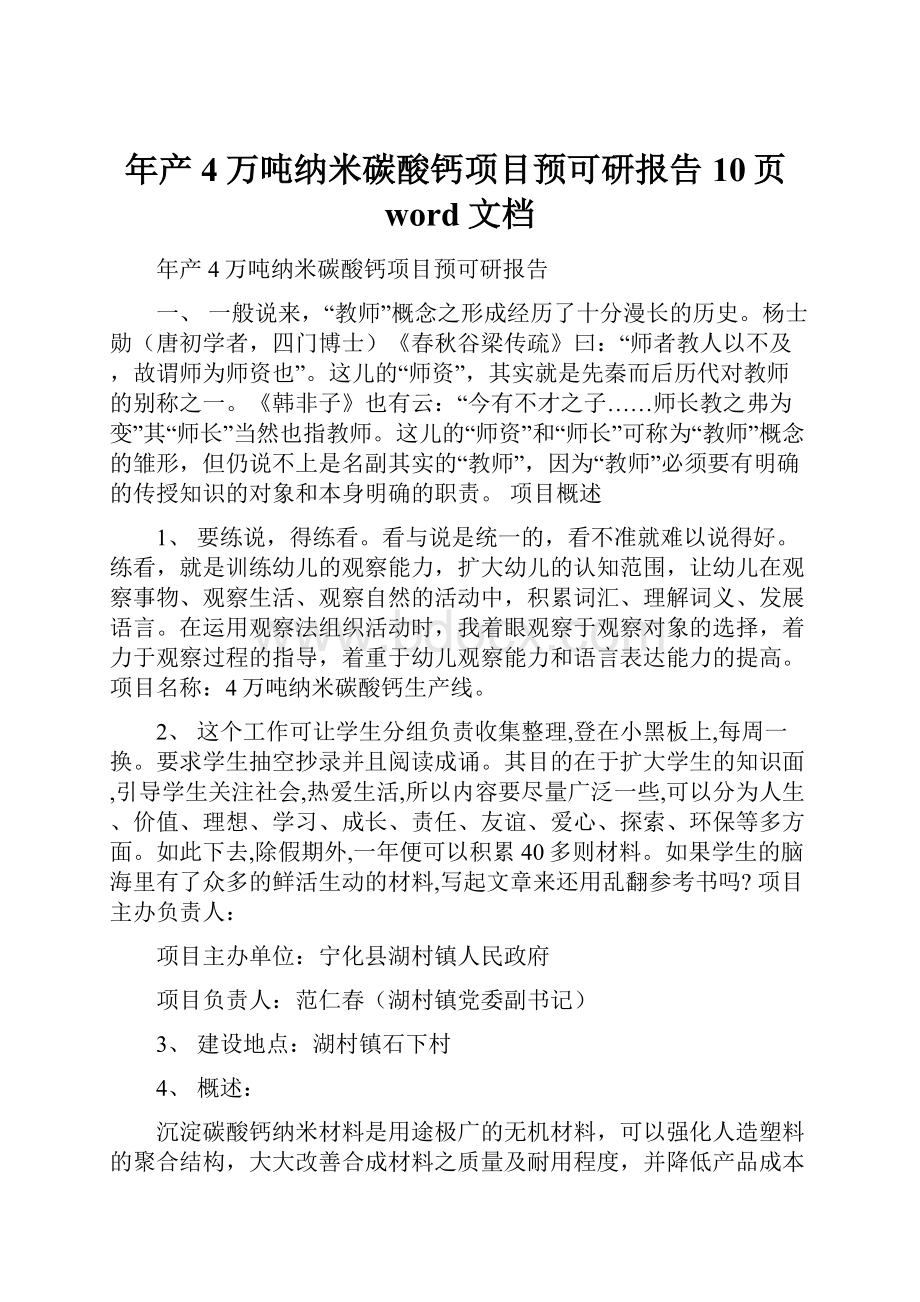 年产4万吨纳米碳酸钙项目预可研报告10页word文档.docx