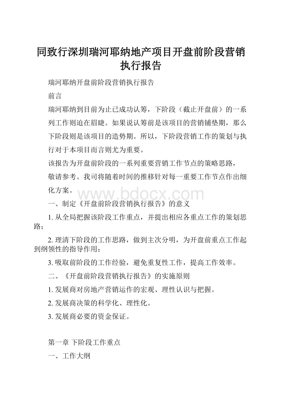 同致行深圳瑞河耶纳地产项目开盘前阶段营销执行报告.docx_第1页