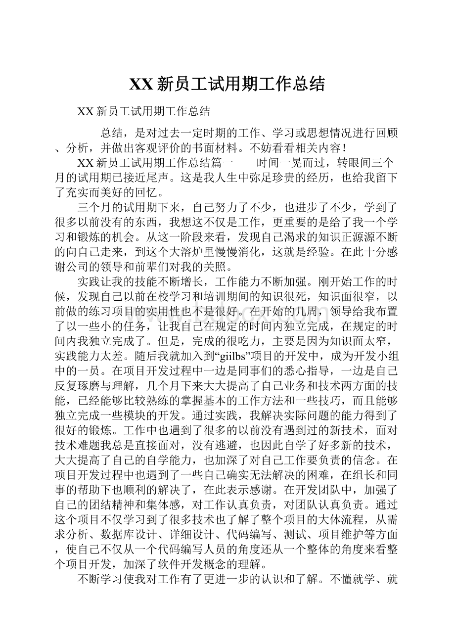 XX新员工试用期工作总结.docx