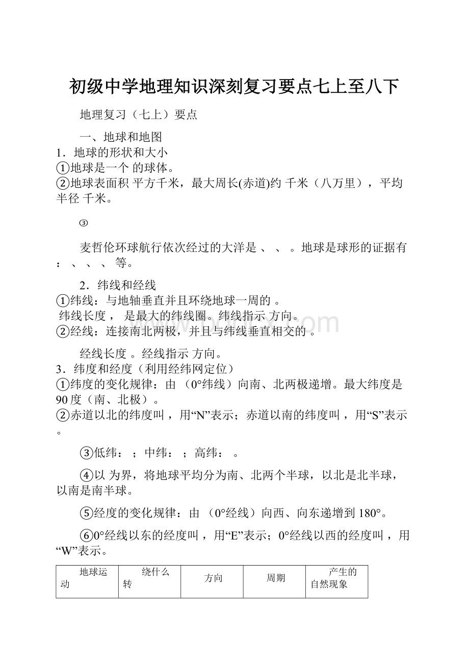 初级中学地理知识深刻复习要点七上至八下.docx