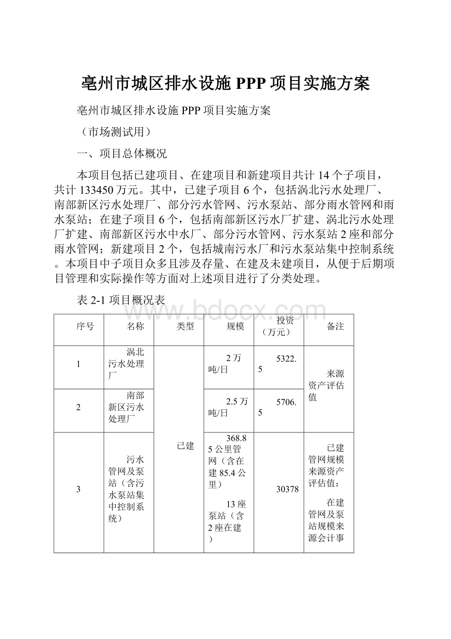 亳州市城区排水设施PPP项目实施方案.docx