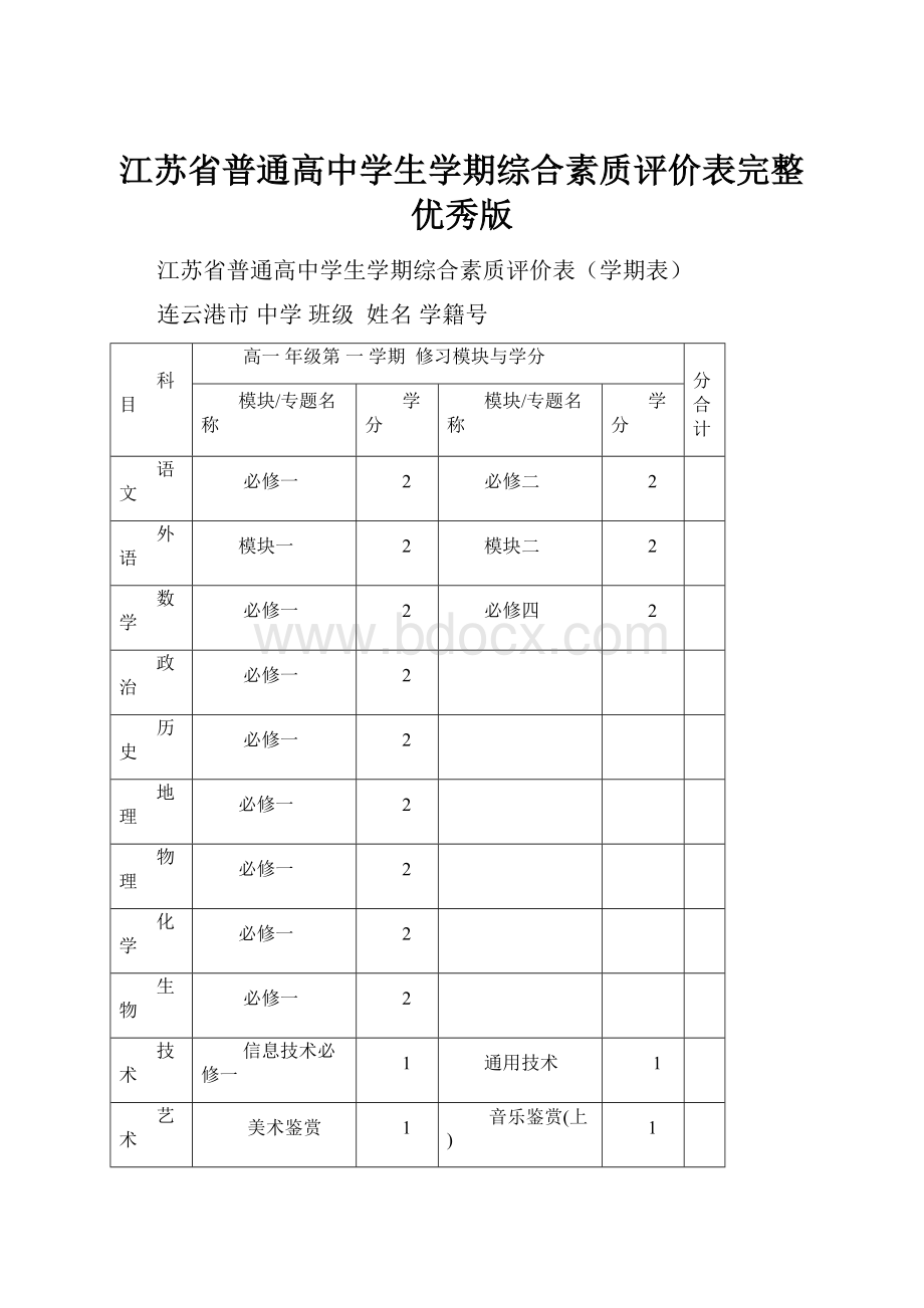 江苏省普通高中学生学期综合素质评价表完整优秀版.docx