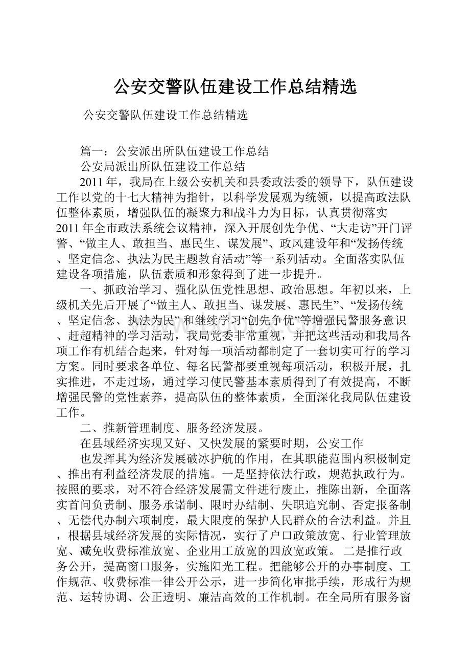 公安交警队伍建设工作总结精选.docx_第1页