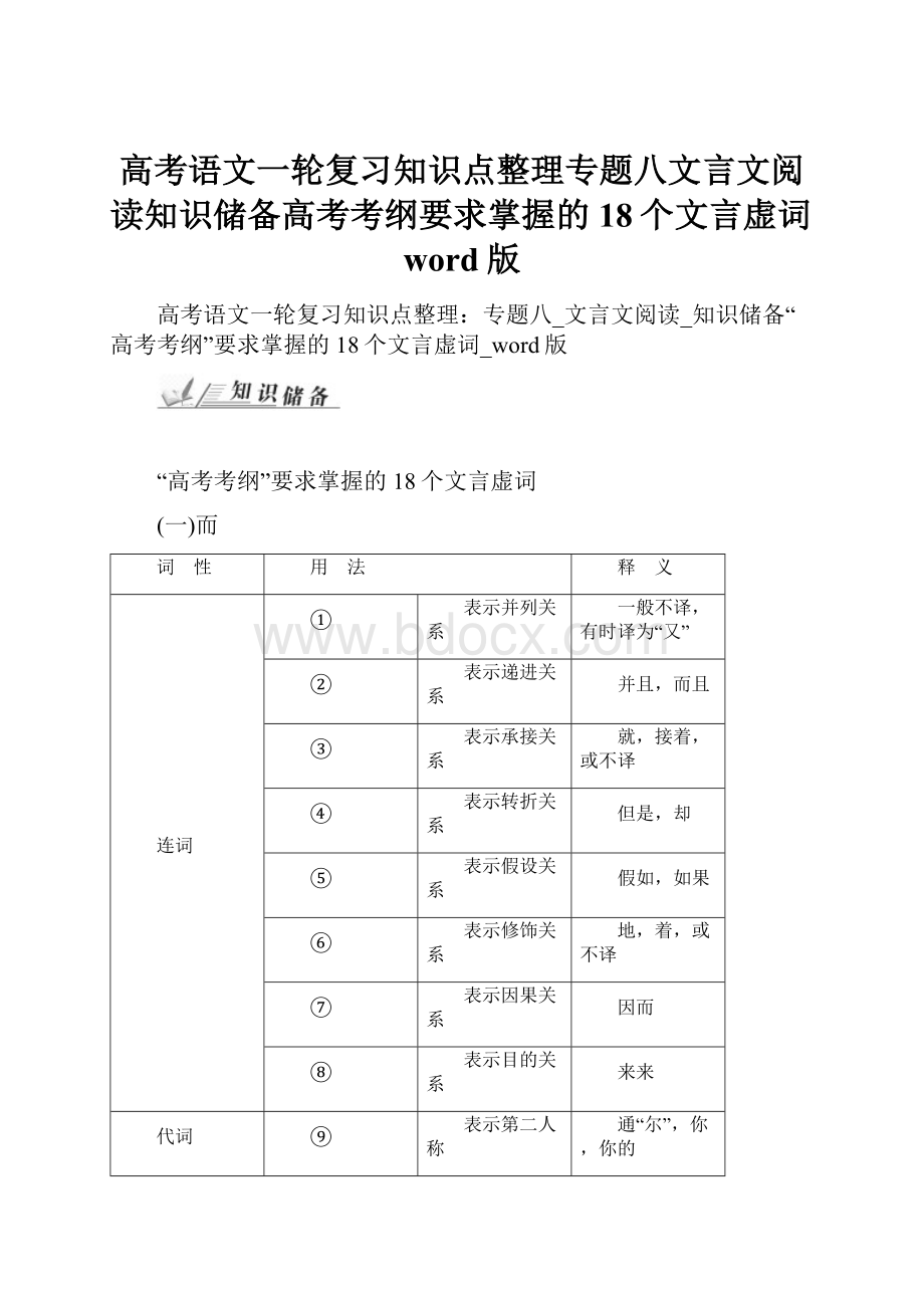 高考语文一轮复习知识点整理专题八文言文阅读知识储备高考考纲要求掌握的18个文言虚词word版.docx