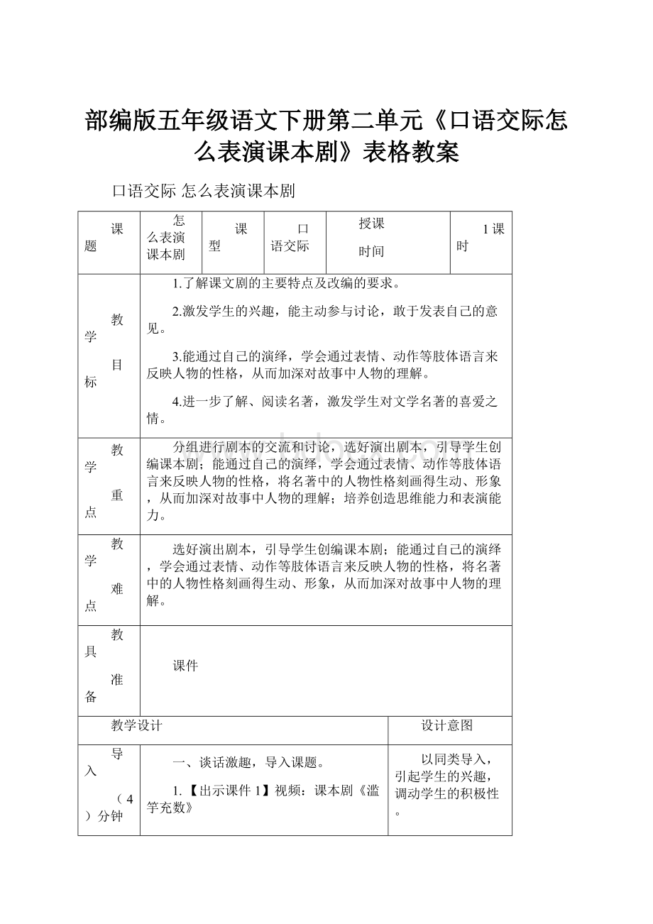 部编版五年级语文下册第二单元《口语交际怎么表演课本剧》表格教案.docx_第1页